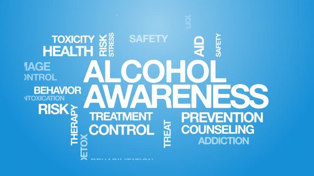 Alcohol awareness concept Animated Tag Word Cloud kinetic typography, Text Design Animation typography seamless loop video motion graphics Intro Wordart blue background backdrop bg campaign clip      