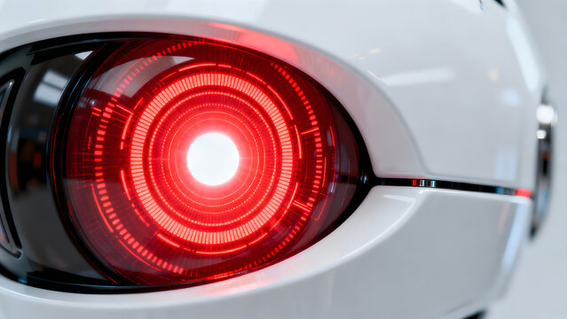 Futuristic robot eye with glowing red lens, artificial intelligence cyborg vision close up, sleek white robotic head with illuminated optical sensor isolated on White Background