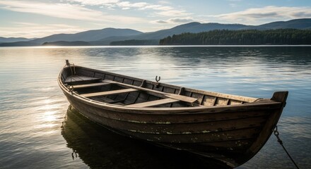 Obraz premium Wooden boat floating on calm water with mountain background