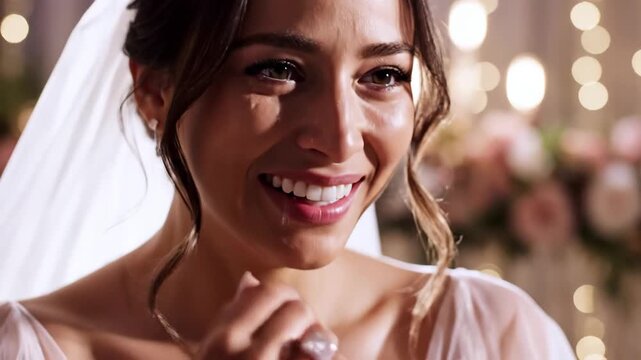 Emotional bride wiping tears with ring on wedding day