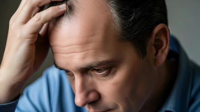 Caucasian man touching his balding head, showcasing hair loss and scalp concerns, problem of male pattern baldness