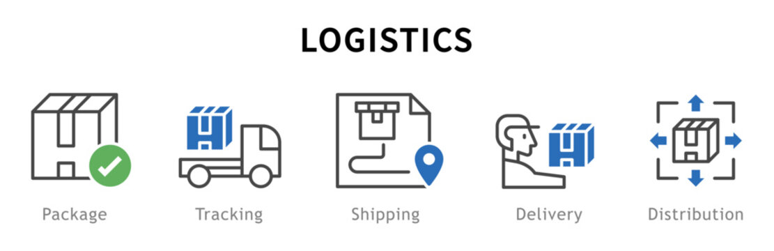 Conjunto de iconos de log&iacute;stica. Representa gesti&oacute;n de env&iacute;os. Incluye entrega, transporte, seguimiento, paquete, distribuci&oacute;n. Ilustraci&oacute;n vectorial