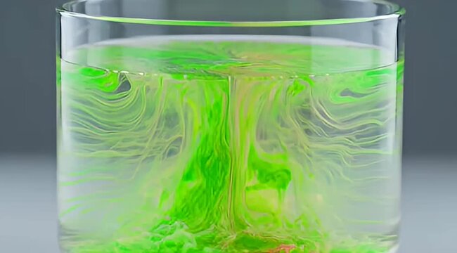 Green dye mixing with water in a clear glass container showcasing diffusion