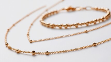 Fototapeta premium Timeless gold jewelry collection: refined chain necklace and bracelet on a crisp display