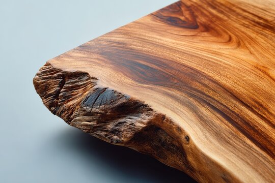 High-detail close shot of suar wood slab with smooth lacquer and warm grain