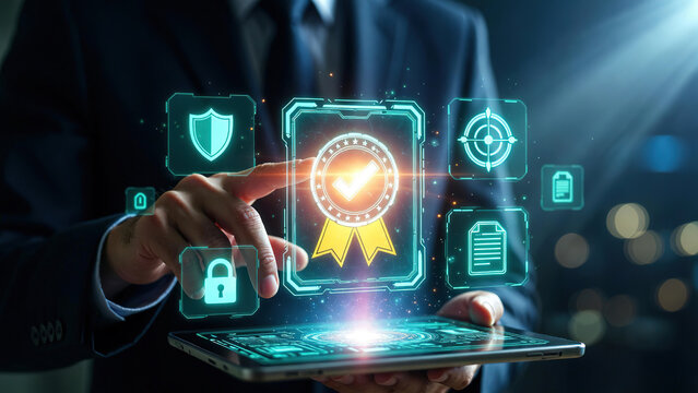 Quality assurance certification and digital compliance concept, businessman touching virtual seal of approval, cybersecurity and data protection interface