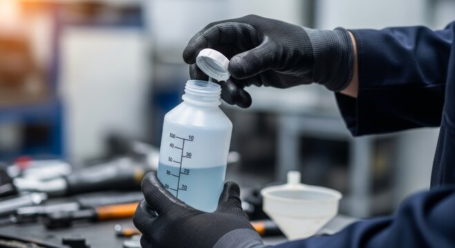 Mechanic opening plastic bottle with measured liquid in auto workshop. Automotive technician preparing oil or coolant for vehicle engine maintenance. Professional car service garage task.