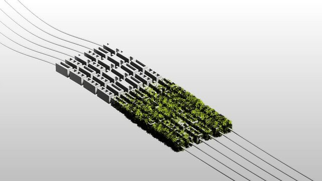 Growing moss covering abstract blocks along curved path animation