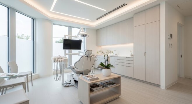 Modern dental office room with professional chair. Clean medical clinic interior for tooth examination and stomatology treatment. Contemporary health care facility with white furniture.