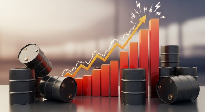 Oil barrels with rising bar chart. Increasing price of crude oil and fuel. Economic growth of petroleum industry. Global energy market data visualization concept with rising trend line.