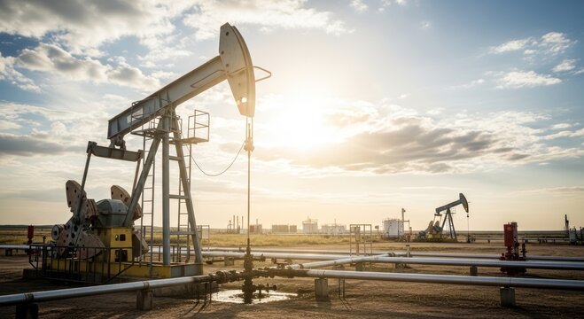 Oil pumpjack working in oil field at sunset. Petroleum industry equipment for extraction of crude oil from ground. Energy production and fuel crisis concept. Industrial landscape.