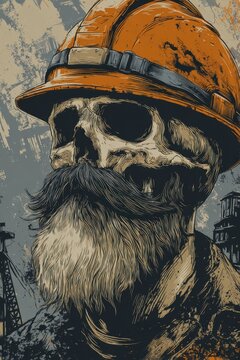 Mining-inspired skull with beard and protective hard hat in a dark, gritty illustration