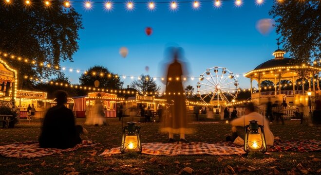 People relaxing on blanket at vintage fair with ferris wheel and lanterns at night. Woman sitting on grass enjoying carnival event. Evening festival atmosphere with glowing lights.