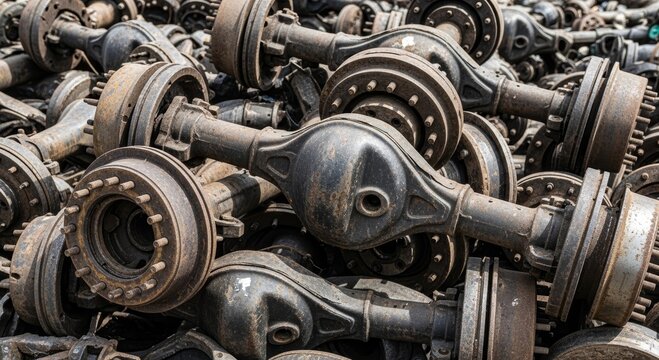 Pile of old rusted vehicle axles in a scrap yard. Automotive parts in a junkyard for recycling. Industrial waste and mechanical components for car repair and salvage metal industry.