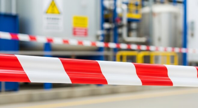 Red and white barrier tape blocking access to industrial facility. Security zone in manufacturing plant. Restricted area with hazard warning marking for workplace safety and maintenance.
