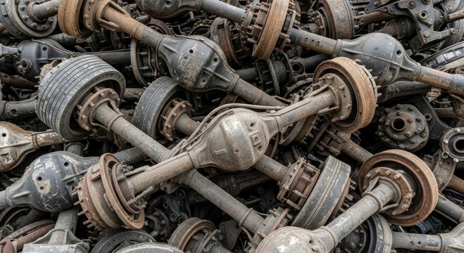 Pile of old rusted vehicle axles in scrapyard. Automotive spare parts for recycling and repair. Industrial metal waste and car salvage yard background for heavy machinery industry.