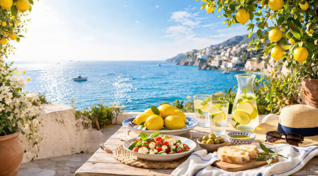 Tavolo estivo con vista mare, insalata caprese, limoni e limonata fresca. Generative AI 