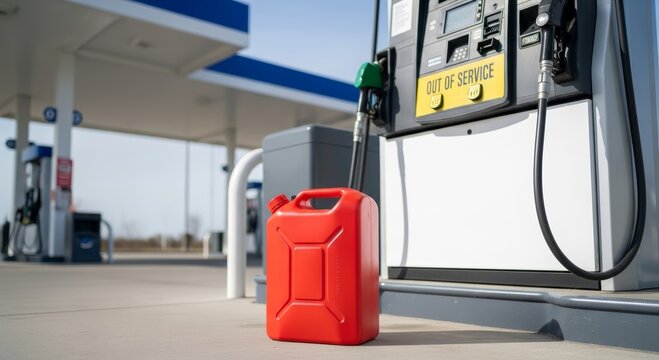 Red gasoline jerrycan standing on pavement at gas station with out of service pump. Fuel shortage and supply crisis concept. Emergency car refueling equipment for empty vehicle.