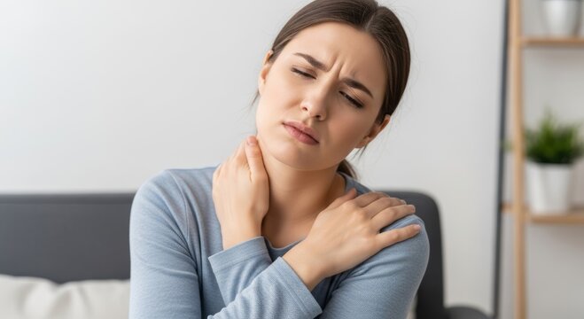 Woman touching neck with expression of acute physical pain. Young female suffering from muscle spasm or tension. Health problem, medical symptom concept, injury at home.