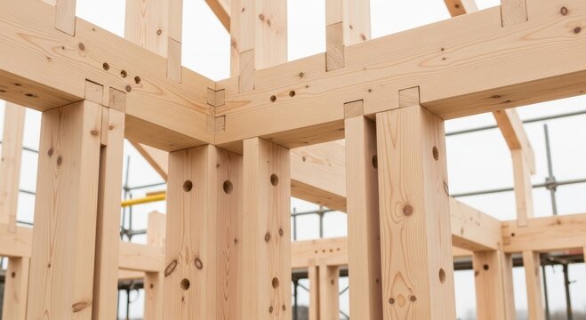 Wooden frame structure of a house under construction. Carpentry skeleton of a residential building using light frame timber. Sustainable architecture and modern eco friendly housing project.