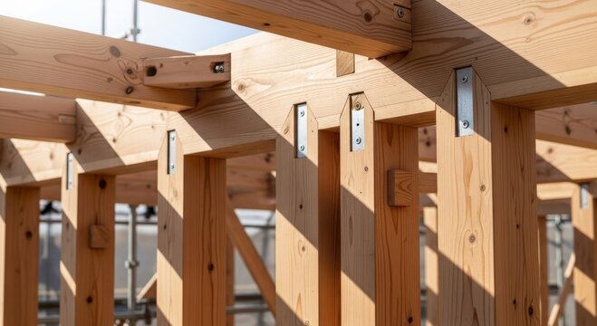 Wooden beam frame structure of a house under construction. Carpentry framework with metal connectors for building stability. Residential building project and sustainable architecture design.