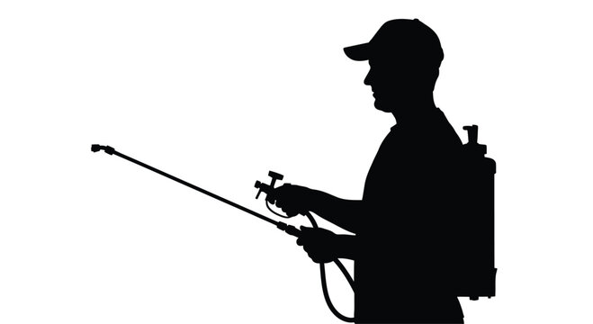 A worker spraying with a backpack sprayer displayed as a stark silhouette