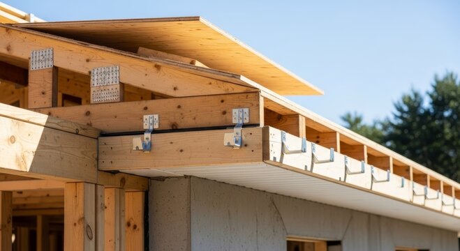 Wooden roof frame installation on residential house structure under construction. Carpenter installing metal joist hangers for truss support. Building project site exterior architecture.