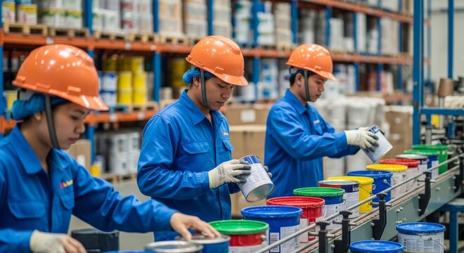 Workers in hard hat uniform inspecting paint can on conveyor belt at factory. Expert staff controlling quality of product for shipping. Industrial manufacturing and logistics process.