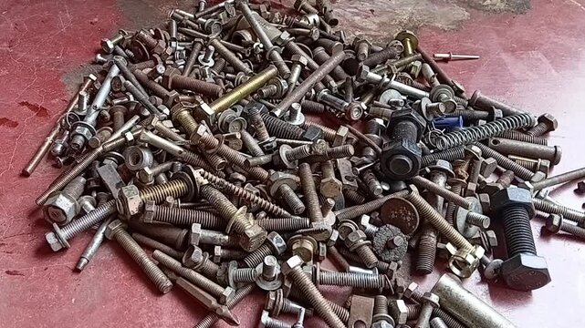 Close up video of old rusty nuts, bolts, and assorted hardware falling from above onto a large scrap pile. Concept of industrial waste, recycling, and accumulation.