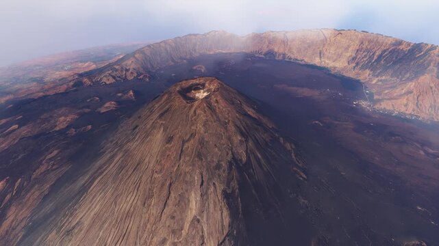 Circular aerial view of an island in the volcanic mountain Pico do Fogo. Cape Verde