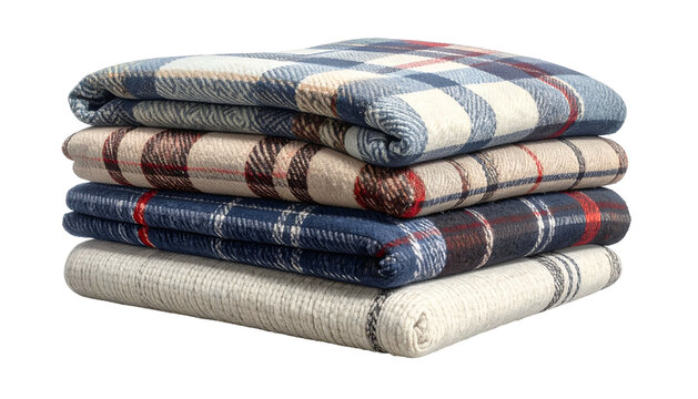 Stacked, folded plaid blankets in varying colors on a black background, studio shot