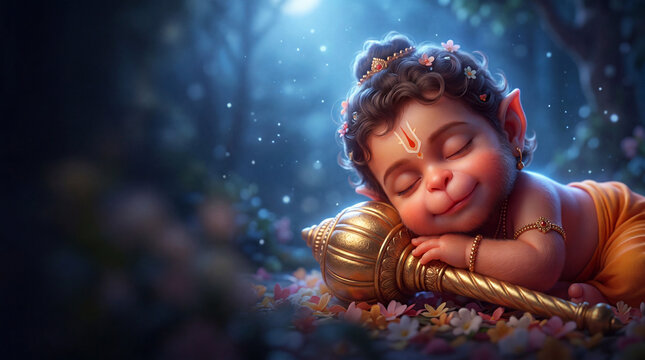 Cute Baby Hanuman Ji Sleeping Peacefully, Divine Aura, Jai Bajrangbali