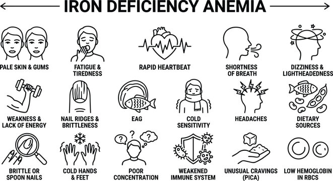 Iron deficiency anemia symptoms infographic with icons