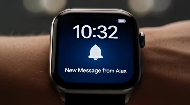 Closeup of a smart watch displaying a new message from Alex