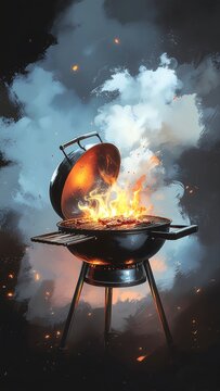 A fiery black barbecue grill with its lid open cooks delicious, sizzling meat. AI Generative Poster