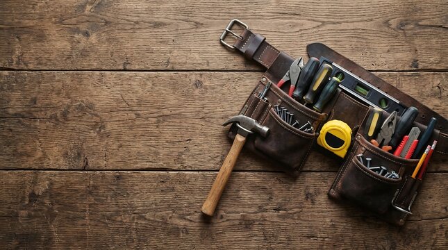 Carpenter's tool belt with hammer and tools on wooden background