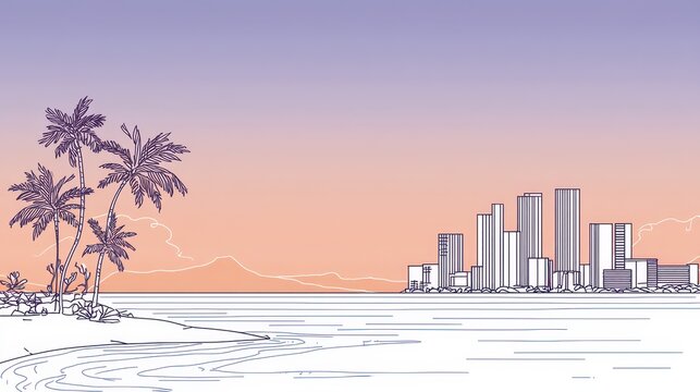 Honolulu Single-Line Skyline: Minimalist Coastline Illustration at Sunset