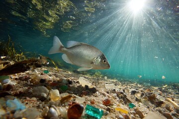 Obraz premium Ocean health warning: a fish surrounded by plastic waste and microplastics in blue water