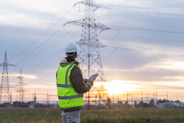 A young male engineer checks high-voltage power lines with a tablet outdoors during sunset, focusing on safety and energy management. © 24K-Production