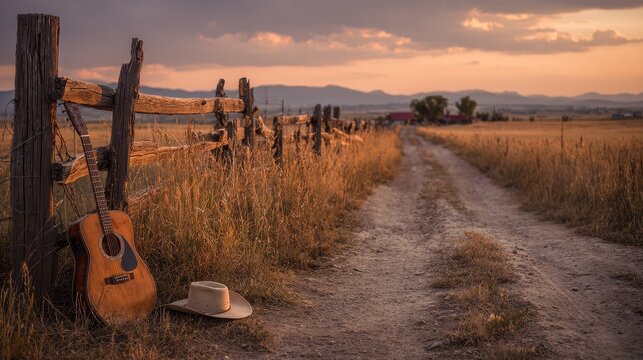 Warm light over a country yard: guitar leaning on a fence near a red barn