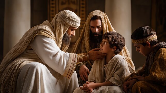 Joseph blessing Ephraim and Manasseh in an Egyptian interior, a solemn moment of inheritance, hope, and covenant continuity.