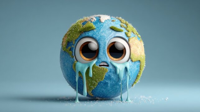 Sad Earth crying with big eyes, showing emotions about the planet's condition