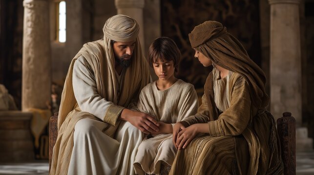 Joseph blessing Ephraim and Manasseh in an Egyptian interior, a solemn moment of inheritance, hope, and covenant continuity.