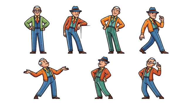 Cartoon illustrations of an elderly man in various poses