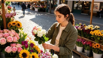 Fototapeta premium Young woman selecting flowers at outdoor market stall