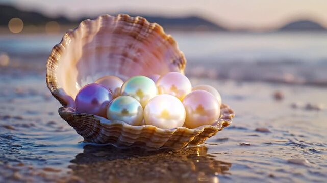Pearls Inside Open Seashell at the Beach in Golden Sunlight