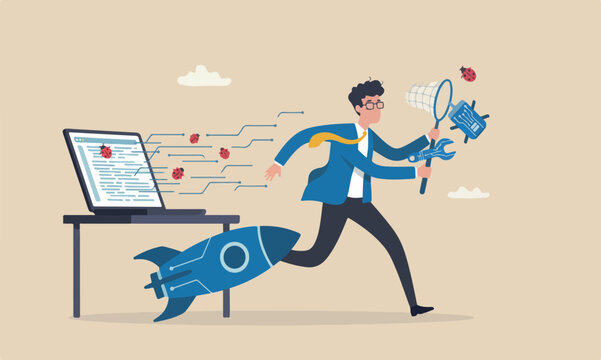 Programming big red software concept, young nerd programmer, coder or software tester running from computer laptop using debugging tools to catch ladybugs