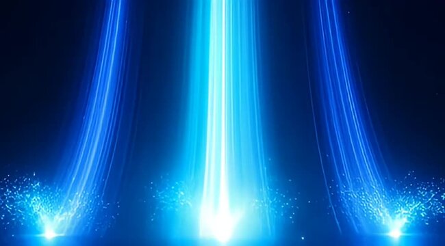 Three striking beams of blue light converging into a singular point of brightness