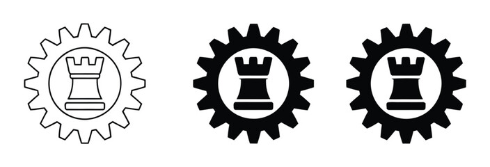 AdStrategy planning multiple style icon design vector, chess rook inside a gear symbolizing strategic thinking, business planning, and problem solving concept, vector Illustrator Artwork © MASUD MONY