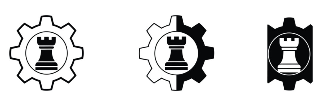 Strategy planning multiple style icon design vector, gear with chess rook representing strategy, decision making, and analytical thinking for business and management concepts, vector illustration.